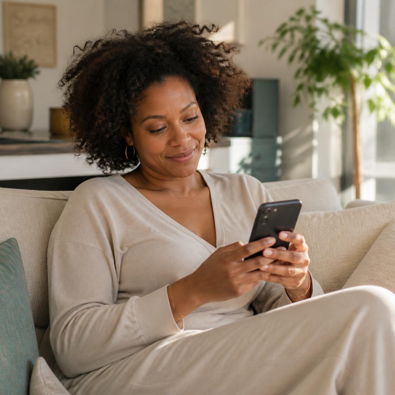 A woman sitting on a sofa at home, looking thoughtfully at her phone